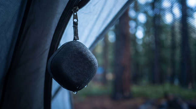 Condensation-Covered Speaker Hanging on Tent Zipper &ndash; Cold Morning Camping Tech &ndash; Outdoor Adventure Macro &ndash; Dawn Diffused Light