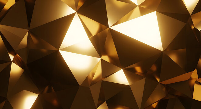 3D render abstract golden low polygonal geometric faceted metallic crystal texture luxury background
