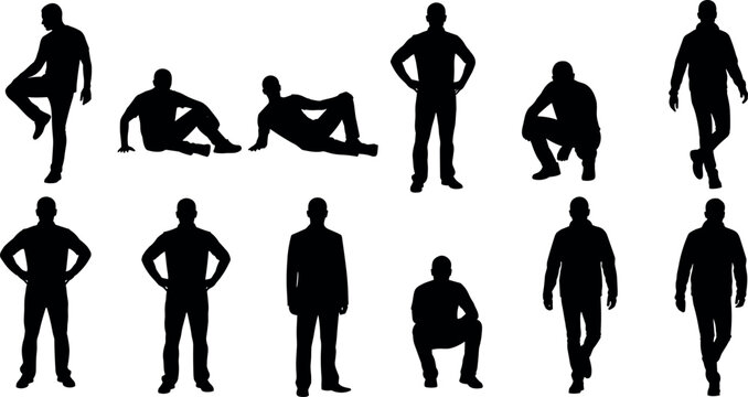 Collection of adult male human silhouettes in various poses including standing walking sitting crouching isolated on white background vector illustration