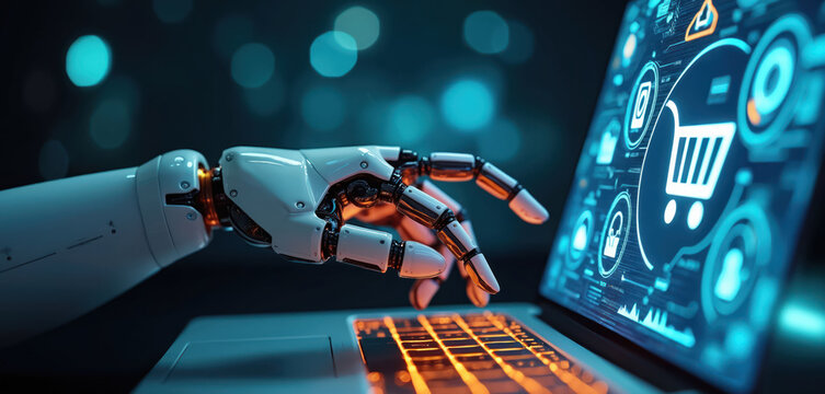 Robot hand interacts with digital interface showing shopping cart, user icons. Futuristic tech for online commerce automation. AI driven retail innovation for better customer experience, sales growth.