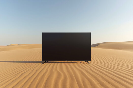 A sleek black television standing alone in the desert sand with a clear blue sky in the background.