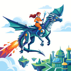 Naklejka premium A thrilling illustration of a girl confidently riding a robotic dragon through a futuristic city, showcasing a blend of fantasy and technology with dramatic skies and vibrant colors.
