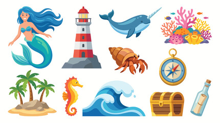 An imaginative collection of ocean-themed illustrations depicting a mermaid, coral reef, and various marine creatures, celebrating the beauty and wonder of underwater life. © Olivia