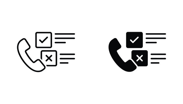 Phone call status checklist vector icon set featuring minimalist outline and solid black symbols for communication tracking and customer service or task management interface design elements