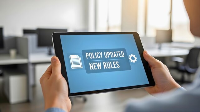 A person holding a tablet with policy updated new rules on the screen
