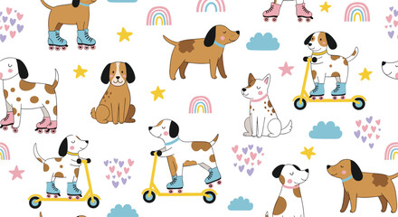 Obraz premium Playful Dogs in Roller Skates and Scooters with Stars, Rainbows, and Clouds for Kids’ Websites, Apps, and Digital Media