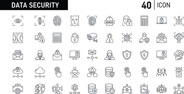 Data security icons, cybersecurity protection, encryption keys, cloud storage, shield lock, biometric scan, editable stroke, premium vector design asset