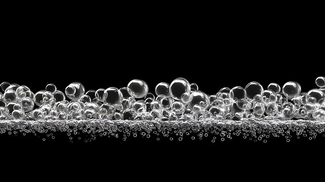 Horizontal layer of clear water bubbles floating on a dark black background with liquid