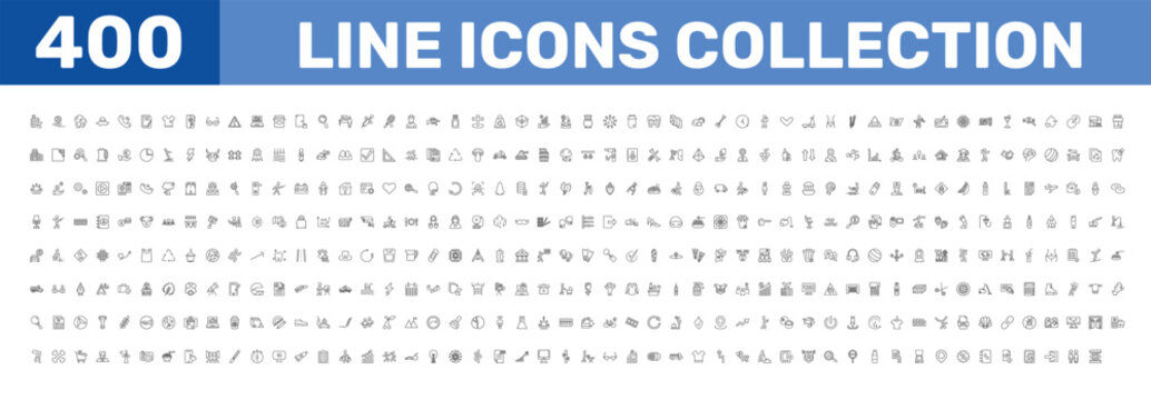mega set of icons with sunrise, desinfectant, searching signs in flat outline style. 100+ category