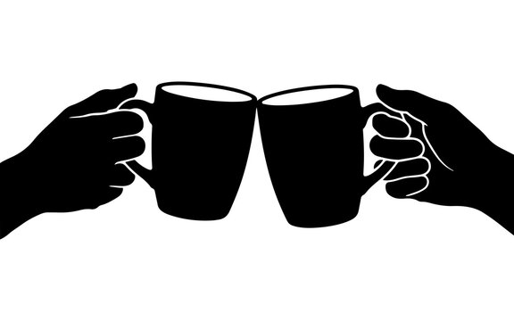 Silhouette of two hands clinking coffee mugs together in a cheerful toast