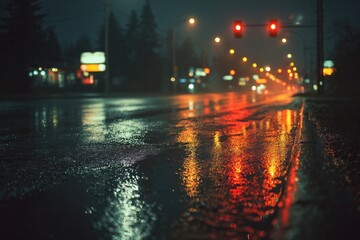 Fototapeta premium Rainy night street with glowing lights and wet pavement