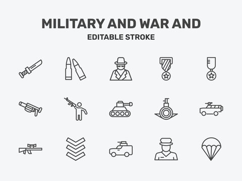 military and war and icon set with secret agent, veteran, in signs in flat outline style