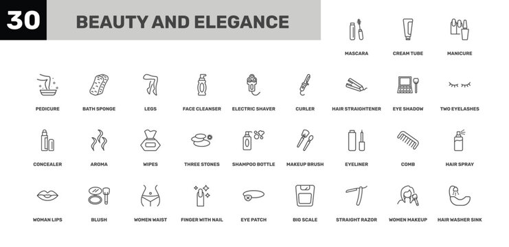 beauty and elegance icon set with manicure, legs, eye patch signs in flat outline style