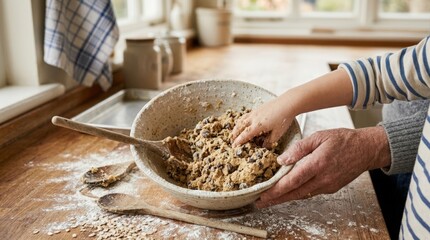 Fototapeta premium Adult and child hands mixing cookie dough together
