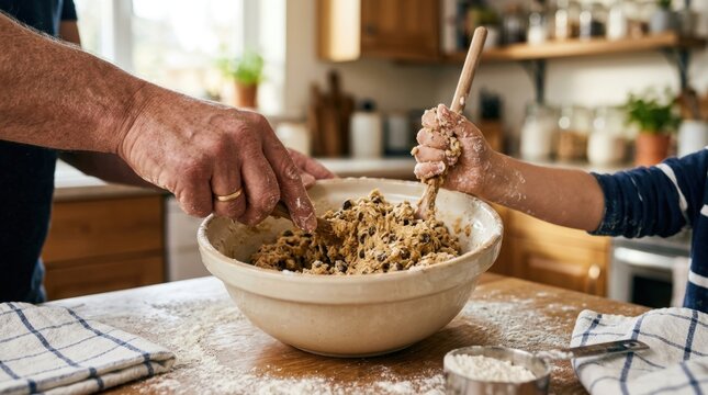 Adult and child hands mixing cookie dough in kitchen