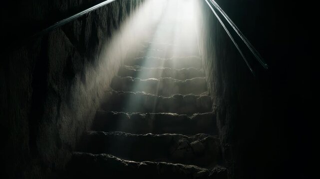 Dim underground staircase with uneven steps leading upward, illuminated by faint light at the top
