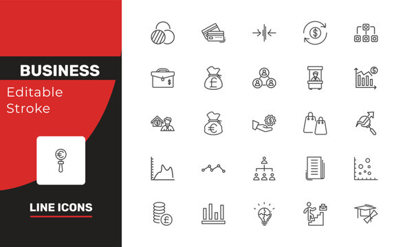 business icon set with value chart, briefcase, strategic signs in flat outline style