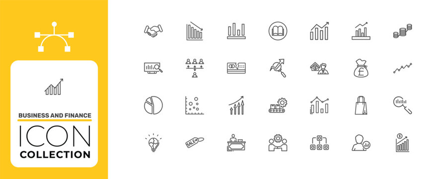 business and finance icon set with story, increase team work, bar diagram signs in flat outline style