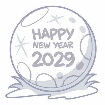 A light gray circular sticker displays happy new year 2029 with subtle star and bubble accents resting on a textured base
