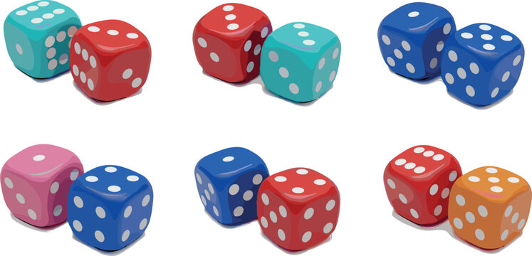 Colorful dice vector set with glossy casino cubes isolated showing different pairs of gaming dice in vibrant colors collection