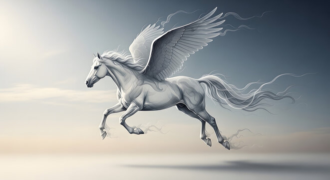 Majestic white flying through a misty sky, mythical winged horse in ethereal fantasy landscape