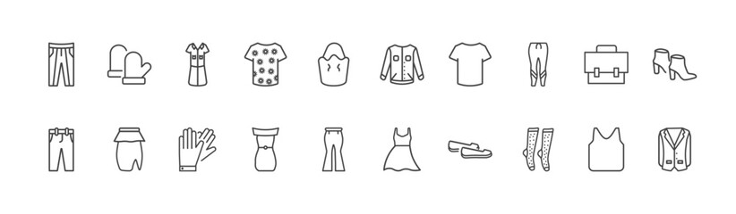 Fototapeta premium clothes and outfit icon set with wool gloves, denim jacket, women socks signs in flat outline style