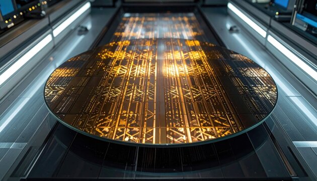 Microscopic view of intricate etched silicon wafer showcasing advanced qubit gate arrays for quantum computing technology