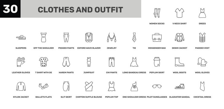 clothes and outfit icon set with drees, pegged pants, peplum top signs in flat outline style