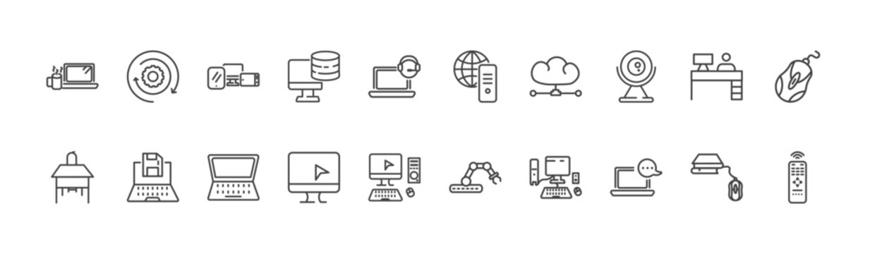 computer and tech icon set with circular de, internet server, online chat signs in flat outline style