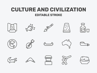 Fototapeta premium culture and civilization icon set with native american spear, turron, orujo signs in flat outline style