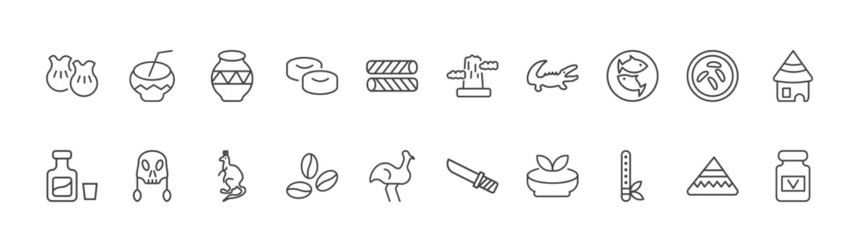 culture and civilization icon set with kalabas, pico cao, native american flute signs in flat outline style