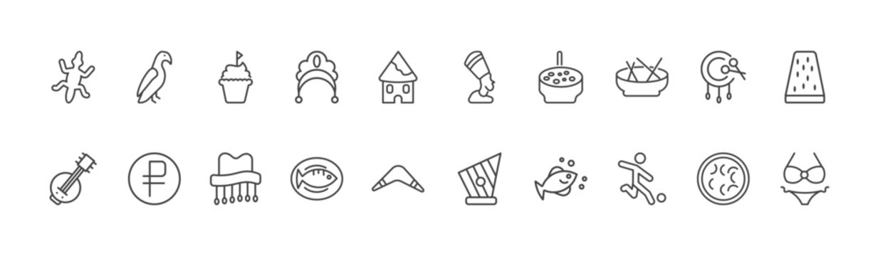 culture and civilization icon set with aw on a branch, nefertiti, brazil soccer player signs in flat outline style