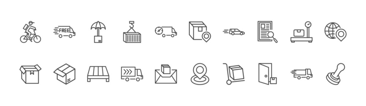 delivery and logistics icon set with free delivery, delivery destination, to the door signs in flat outline style