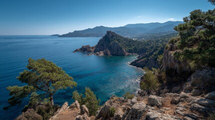 Obraz premium Mediterranean coastline with pine trees and blue sea