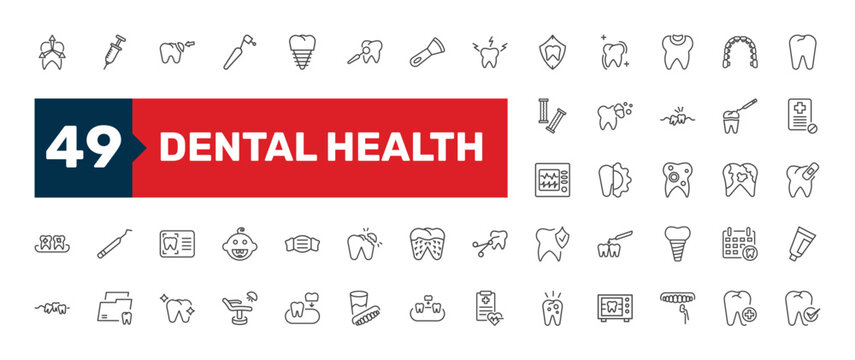 dental health icon set with fake tooth, apicoectomy, dentist chair signs in flat outline style