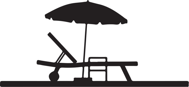 Black silhouette of beach chair and umbrella on white