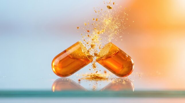 Open medical capsule with contents spilling out on a reflective surface.