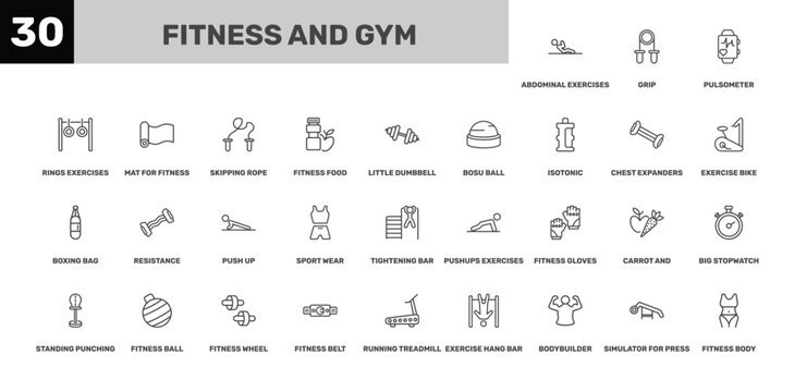 fitness and gym icon set with pulsometer, skipping rope, running treadmill signs in flat outline style