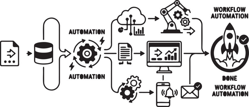 Visual representation of automated business process management from data input to successful launch.