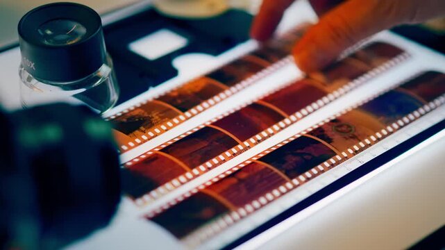 Analog film negatives inspection magnifier hand photography archive. Vintage photo strip review closeup detail light table equipment macro texture creative workflow