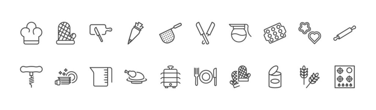 kitchen icon set with mitten, knives, conserve signs in flat outline style
