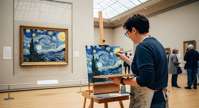 Artist painting masterpiece copy on easel in front of original museum artwork, International Museum Day, creativity fine art lifestyle documentary photography