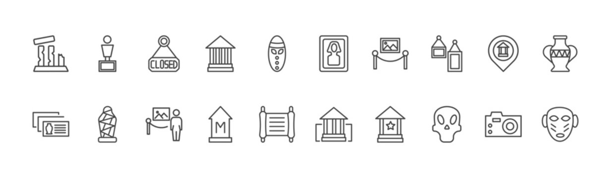 museum and exhibition icon set with bust, el greco, remains signs in flat outline style