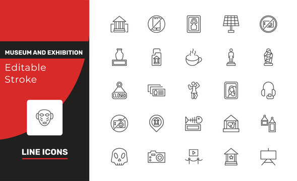 museum and exhibition icon set with buffalo, ceramic, electronics signs in flat outline style
