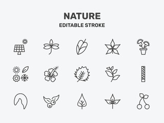 nature icon set with philodendron, chestnut leaf, carnivorous plant signs in flat outline style © Abstract
