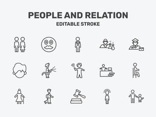 Fototapeta premium people and relation icon set with bestman, chemist working, postman working signs in flat outline style