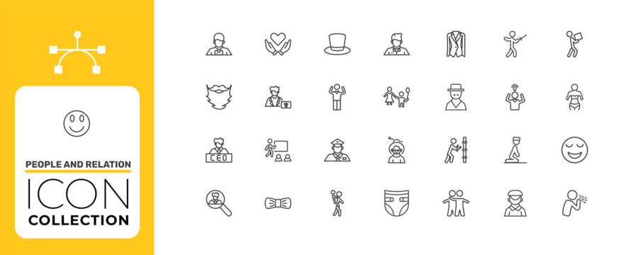 people and relation icon set with waiter working, radiologist working, plumber working signs in flat outline style