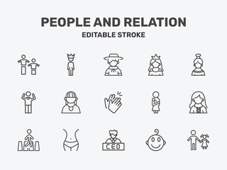 Naklejka premium people and relation icon set with argentina, princes, spanish woman signs in flat outline style