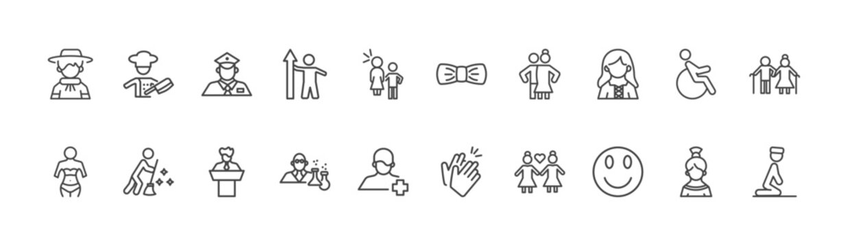 people and relation icon set with butcher with knife, elegance, happy smile signs in flat outline style