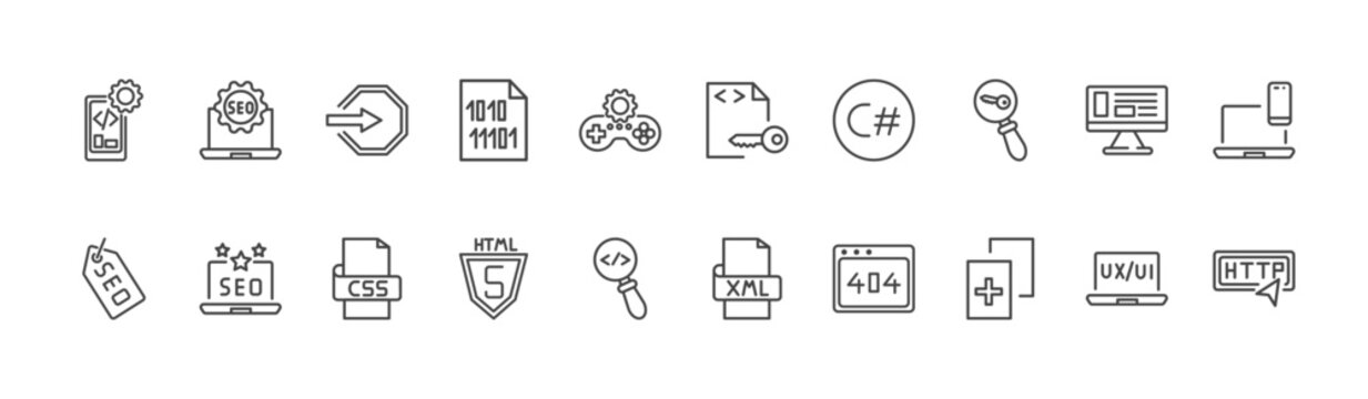 information technology icon set with seo badge, encripted file, duplicate signs in flat outline style